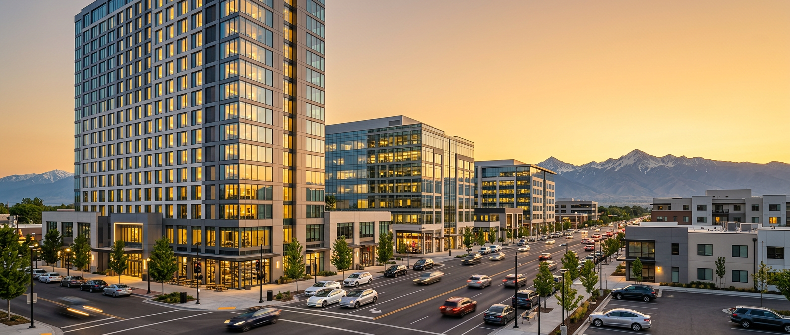 Golden-hour Valley street with the Sierra Nevada behind